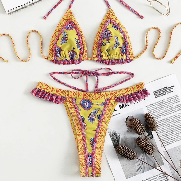 Yellow Bohemian Paisley Colorful Abstract Triangle Two Piece Bikini Swimsuit - Picture 2 of 5